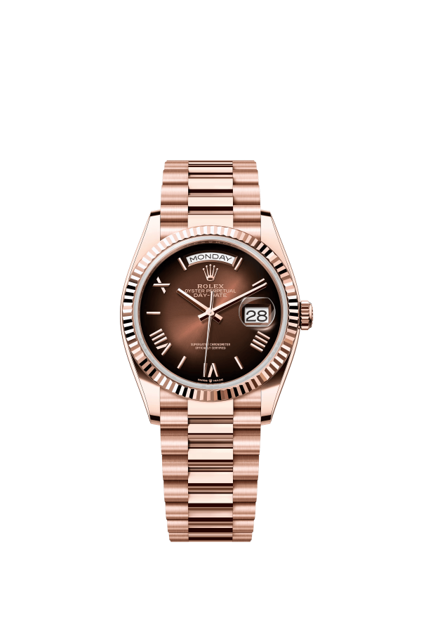 The Oyster Perpetual Day-Date 36 in 18 ct Everose gold with a graduated brown dial, fluted bezel and President bracelet. -m128235-0075