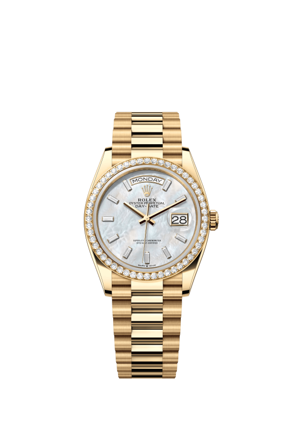 The Oyster Perpetual Day-Date 36 in 18 ct yellow gold with a diamond-set white mother-of-pearl dial, diamond-set bezel and President bracelet. -m128348rbr-0070