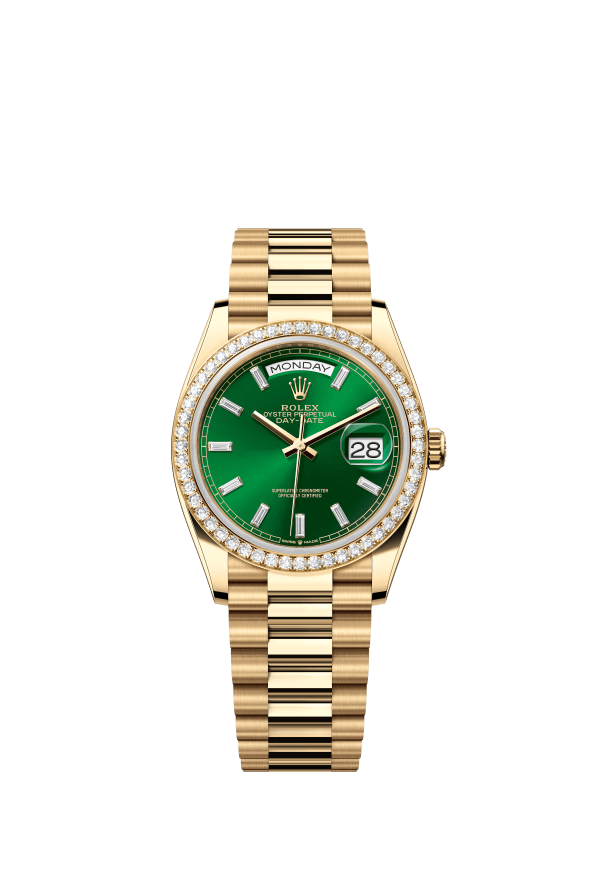 The Oyster Perpetual Day-Date 36 is in 18 ct yellow gold with a brilliant green diamond-set dial, a diamond-set bezel and a President bracelet. -m128348rbr-0078