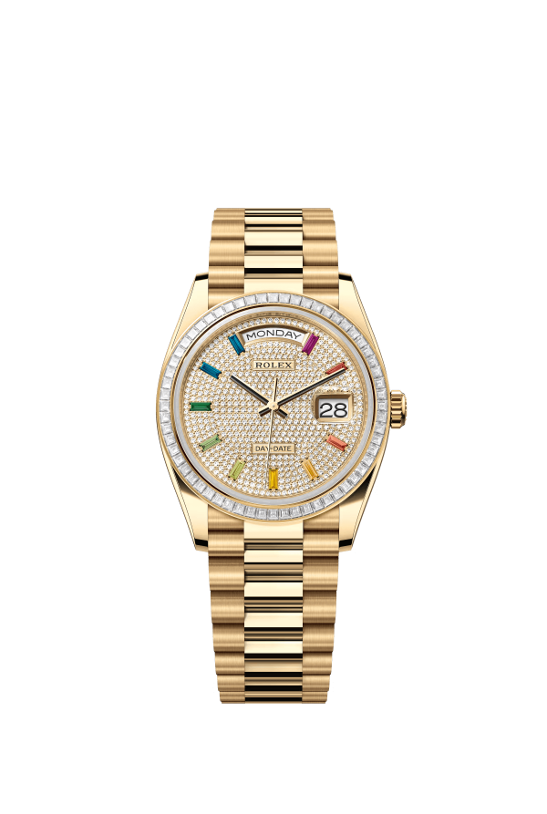 The Oyster Perpetual Day-Date 36 in 18 ct yellow gold with a diamond-paved dial, diamond-set bezel and President bracelet. -m128398tbr-0012