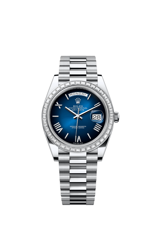 The Oyster Perpetual Day-Date 40 in platinum with a gradient blue dial, diamond-set bezel and President bracelet. -m228396tbr-0042