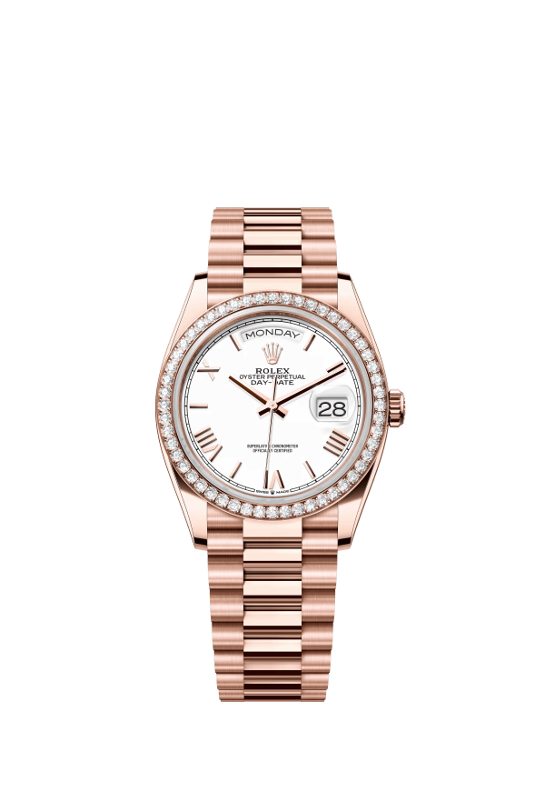 The Oyster Perpetual Day-Date 36 in 18-carat Everose gold with a white dial, diamond-set bezel and President bracelet. -m128345rbr-0070