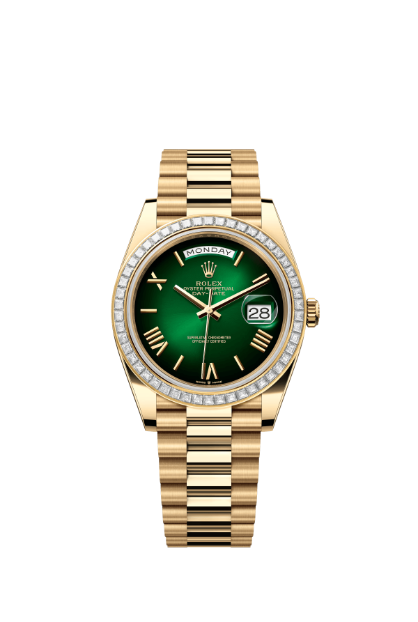 The Oyster Perpetual Day-Date 40 in 18 ct yellow gold with a gradient green dial, diamond-set bezel and President bracelet. -m228398tbr-0042