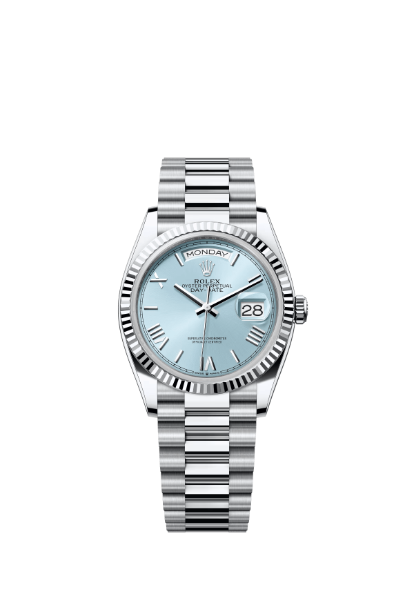 The Oyster Perpetual Day-Date 36 in platinum with an ice-blue dial, fluted bezel and President bracelet. -m128236-0018