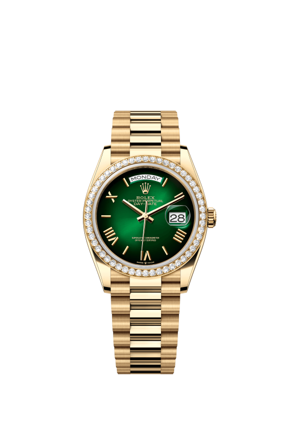 The Oyster Perpetual Day-Date 36 in 18 ct yellow gold with a graduated green dial, diamond-set bezel and President bracelet. -m128348rbr-0068