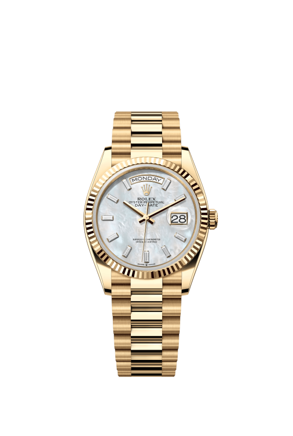 The Oyster Perpetual Day-Date 36 is available in 18 ct yellow gold with a white mother-of-pearl dial set with diamonds, a fluted bezel and a President bracelet. -m128238-0123