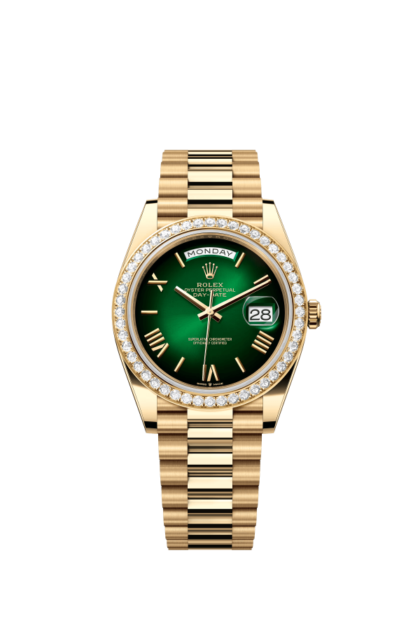 The Oyster Perpetual Day-Date 40 in 18 ct yellow gold with a gradient green dial, diamond-set bezel and President bracelet. -m228348rbr-0045