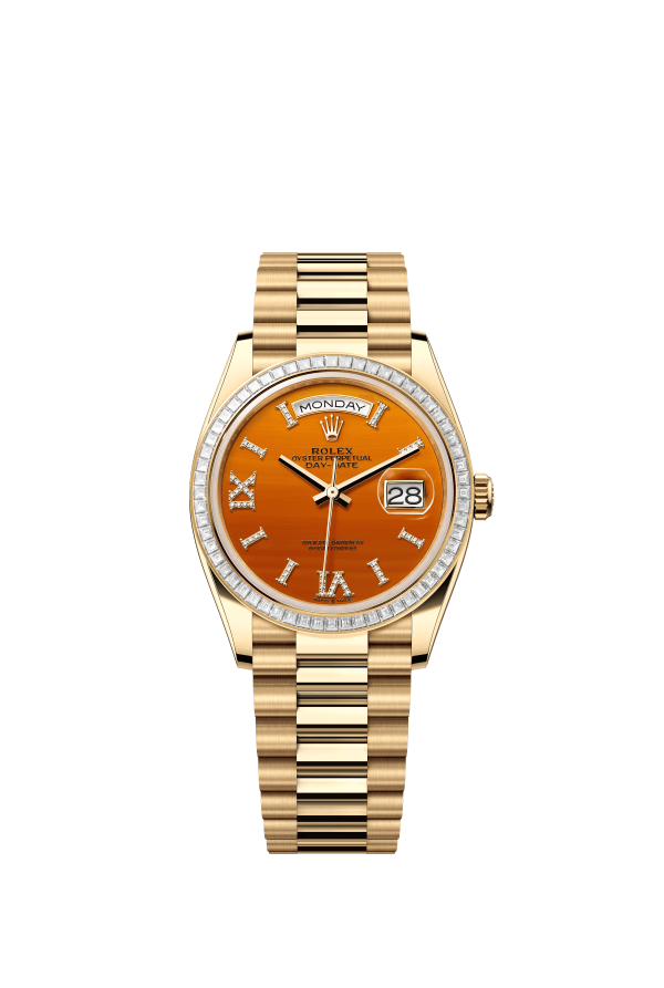 The Oyster Perpetual Day-Date 36 in 18 ct yellow gold with a diamond-set carnelian dial, diamond-set bezel and President bracelet. -m128398tbr-0018