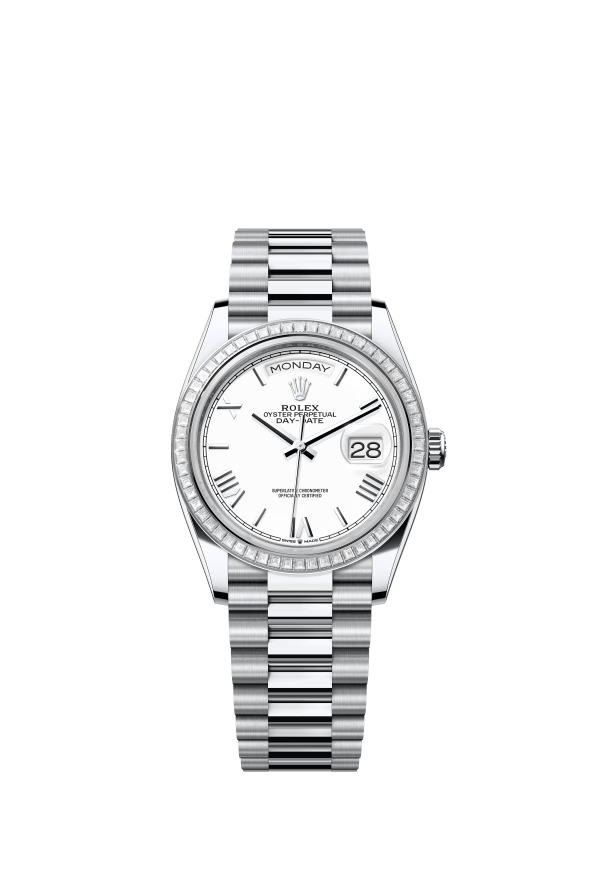 The Oyster Perpetual Day-Date 36 in platinum with a white dial, diamond-set bezel and President bracelet. -m128396tbr-0018