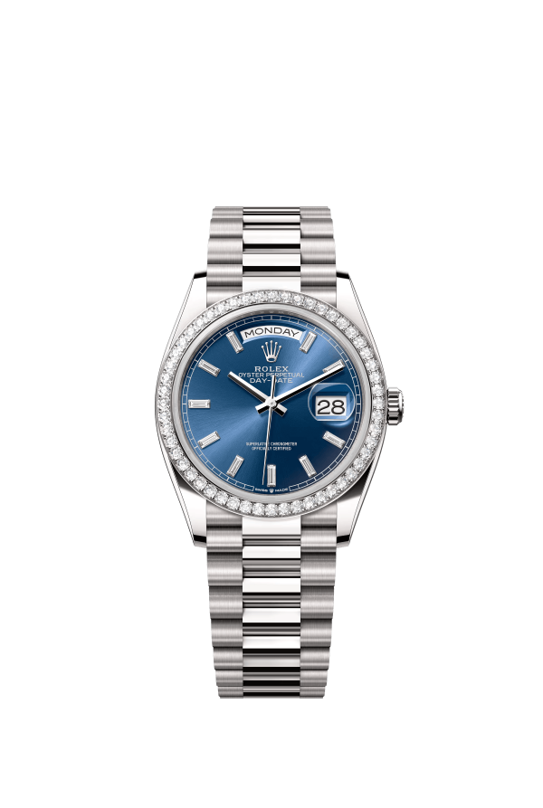 The Oyster Perpetual Day-Date 36 in 18 ct white gold with a brilliant blue diamond-set dial, diamond-set bezel and President bracelet. -m128349rbr-0051