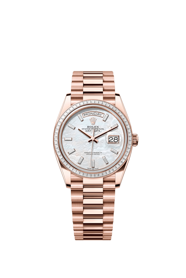 The Oyster Perpetual Day-Date 36 in 18 ct Everose gold features a diamond-set white mother-of-pearl dial, a diamond-set bezel and a President bracelet. -m128395tbr-0026